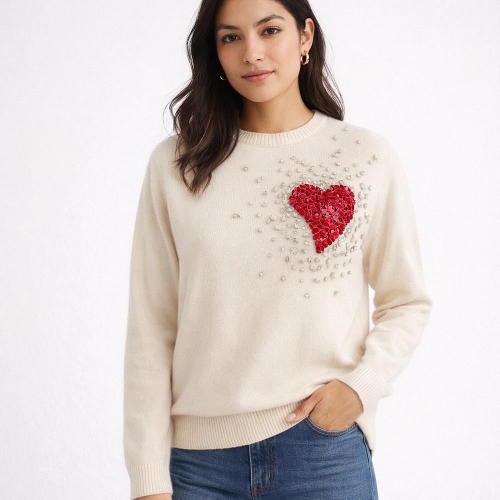Valentino L’Amour Ivory 100% Cashmere Sweater Red Floral Heart Leather Italy - Picture 2 of 16